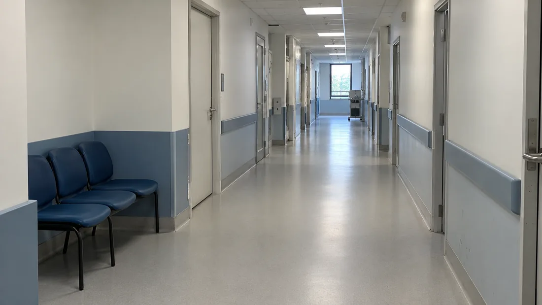 A hospital corridor with blue seating, clinical doors and soft overhead lighting.