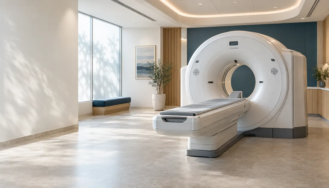 A modern imaging suite with a CT scanner, soft daylight and warm natural finishes.