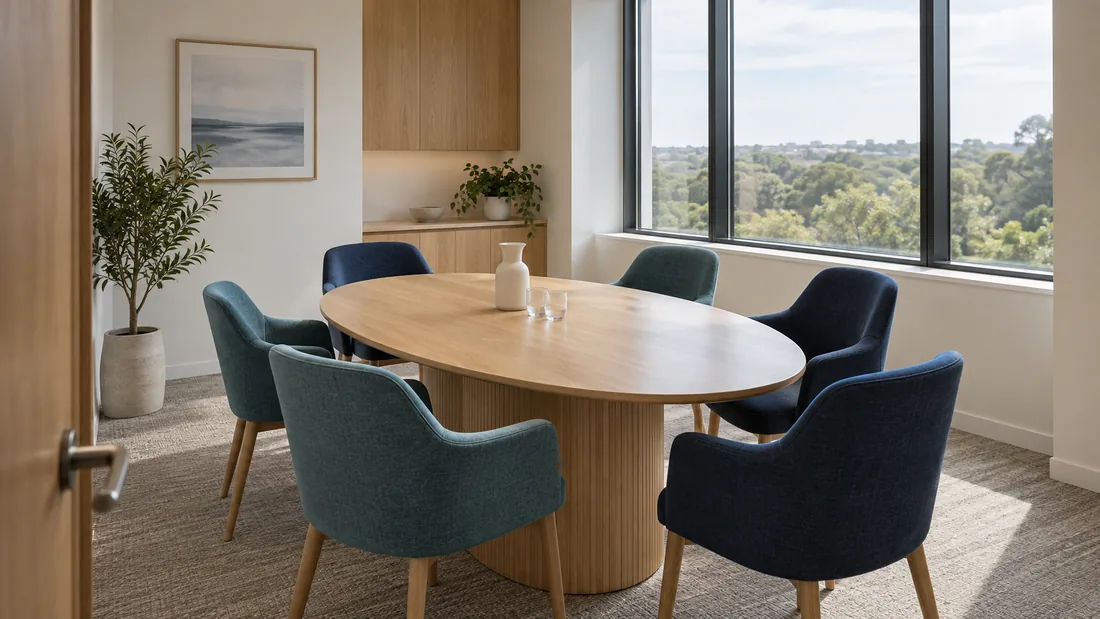 A bright meeting room with an oak table and six navy and teal chairs.