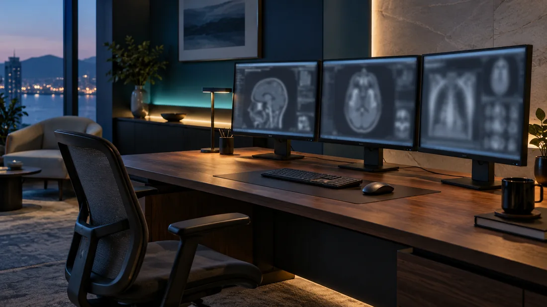 A radiology reading workspace with three monitors, oak surfaces and soft evening light.