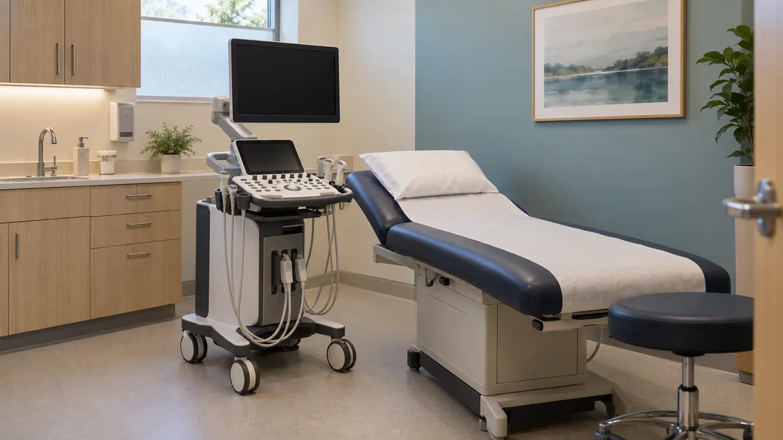 An outpatient ultrasound room with an examination couch, a cart and a blank monitor.